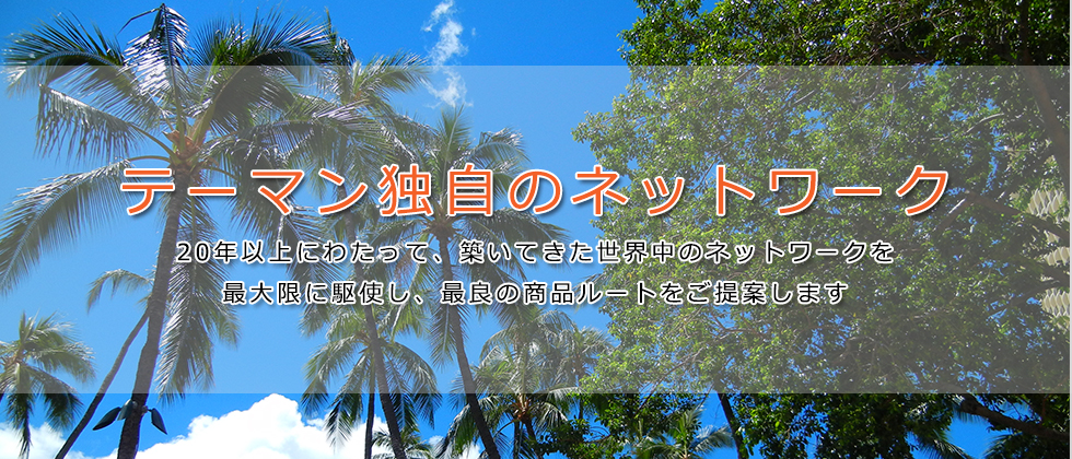 テーマン独自のネットワーク、20年以上に亘って築いてきた世界中のネットワークを最大限に駆使し、最良の商品ルートをご提案します。